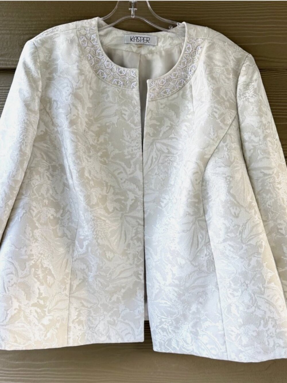 Kasper White Jacquard Brocade Beaded Open Front Dressy Blazer Jacket 18W - Picture 3 of 10